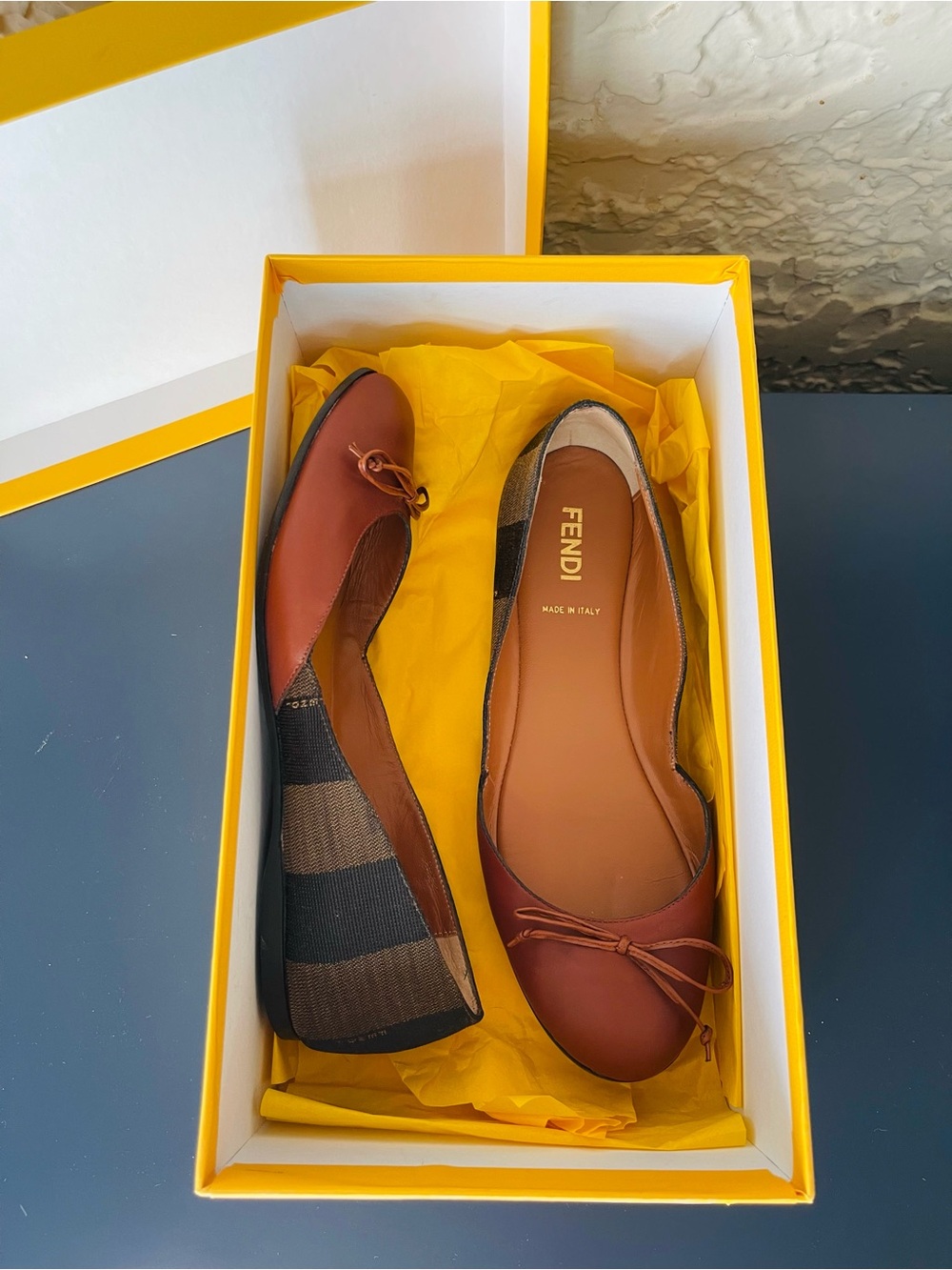 Authentic Fendi Brown Leather & Striped Fabric Ballet Flats Size 38 EUR